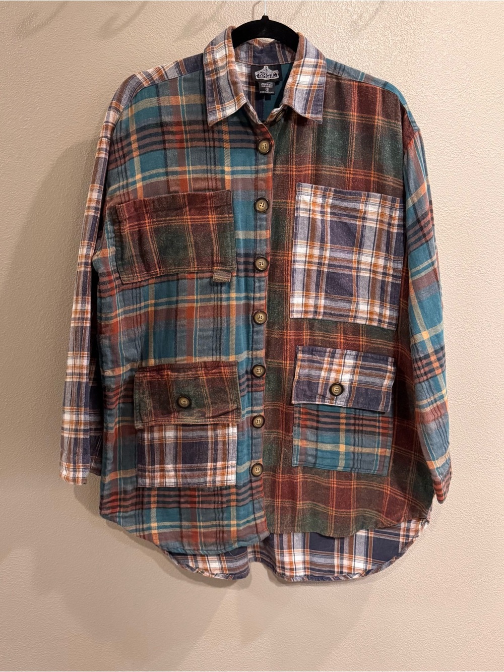 Angie Patchwork Plaid Button-Down Shirt Jacket - Teal & Brown & Cream